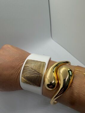 Chunky Gold Tone Bracelet + White Cuff Set | Statement Jewelry